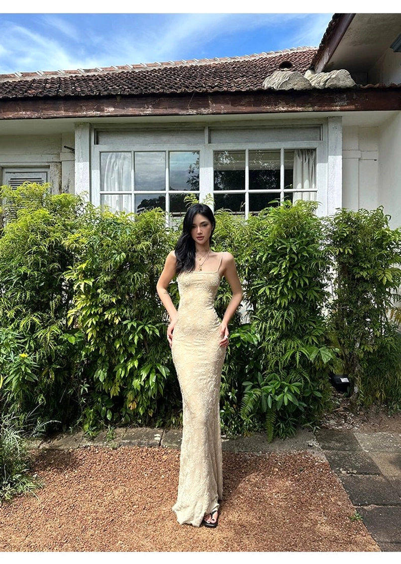 Korean-inspired beige lace mermaid dress with feminine floral texture fitted silhouette and modern maxi length