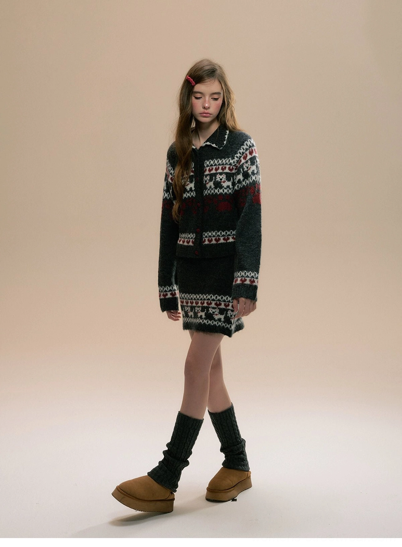 Full front view of Korean-inspired Fair Isle knit cardigan and mini skirt outfit styled with knee-high socks and platform boots