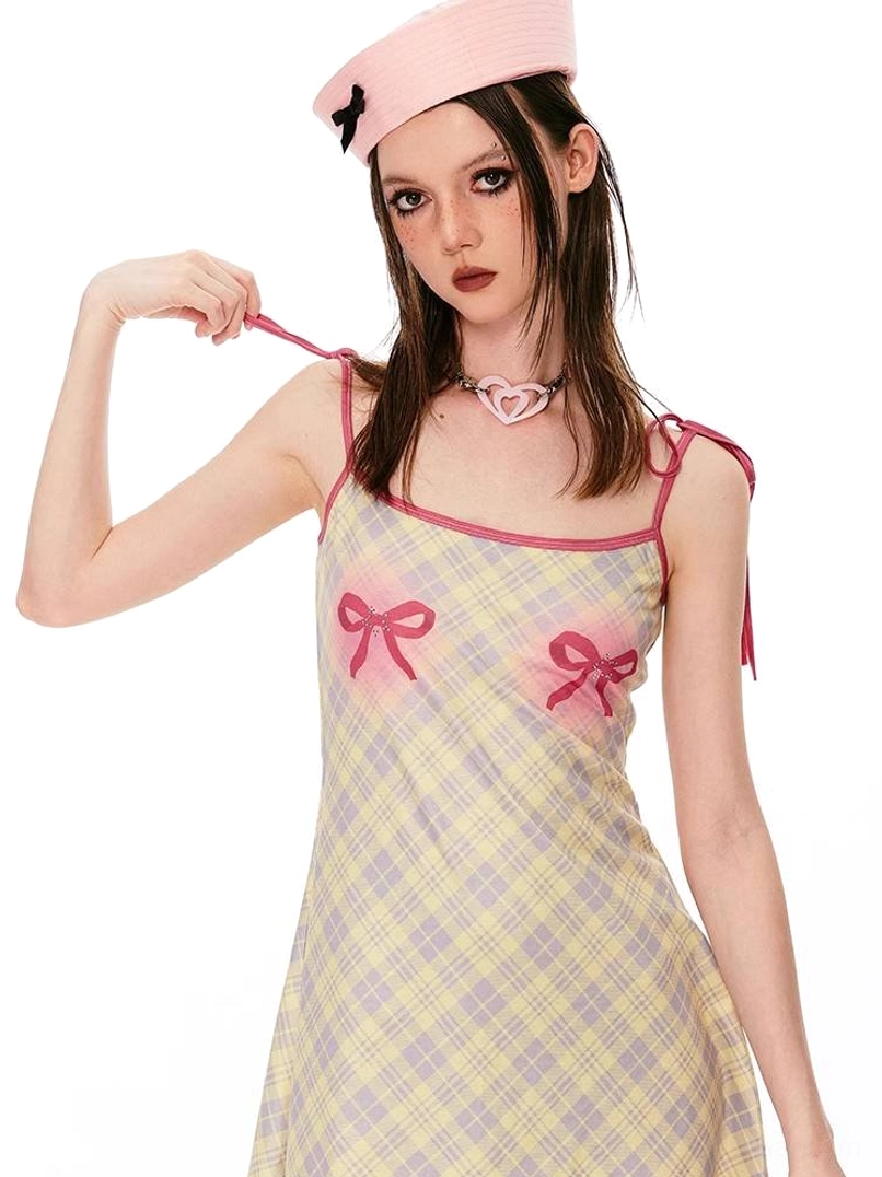 Korean-inspired gingham cami mini dress with red tie straps and dreamy halo angel graphic design