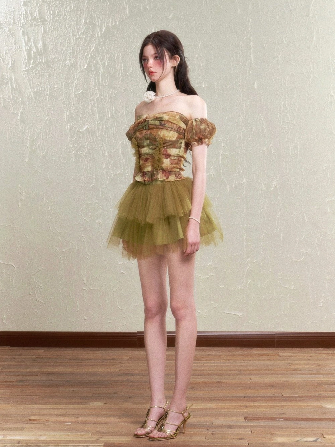 Korean inspired olive green rose tulle streetwear outfit with corset top and flared mini skirt