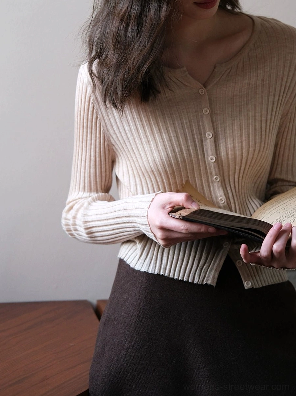 Oatmeal beige Korean ribbed knit button-up slim fit cardigan styled with a dark brown skirt