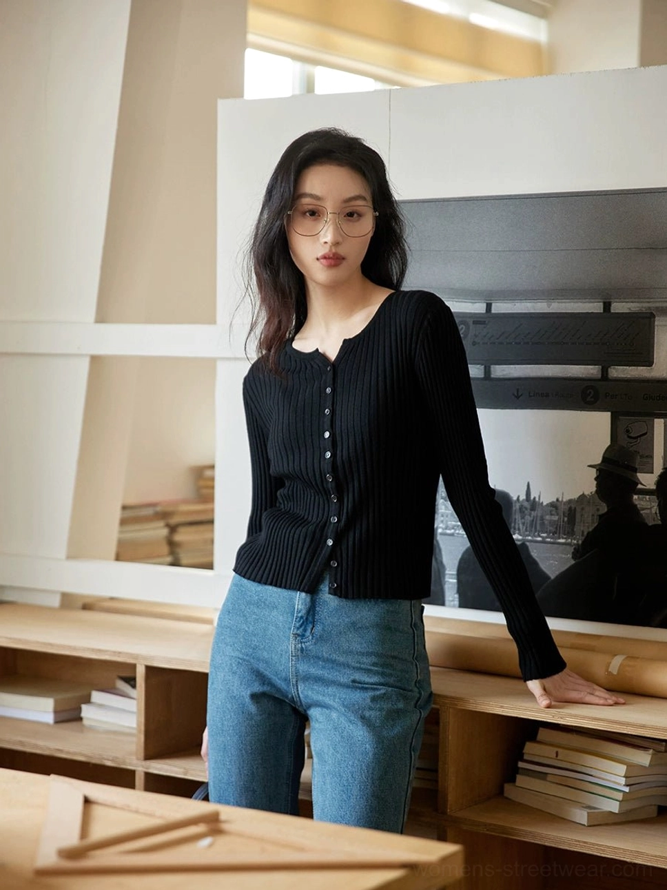 Black Korean ribbed knit button-up slim fit cardigan showing round neckline and front button placket