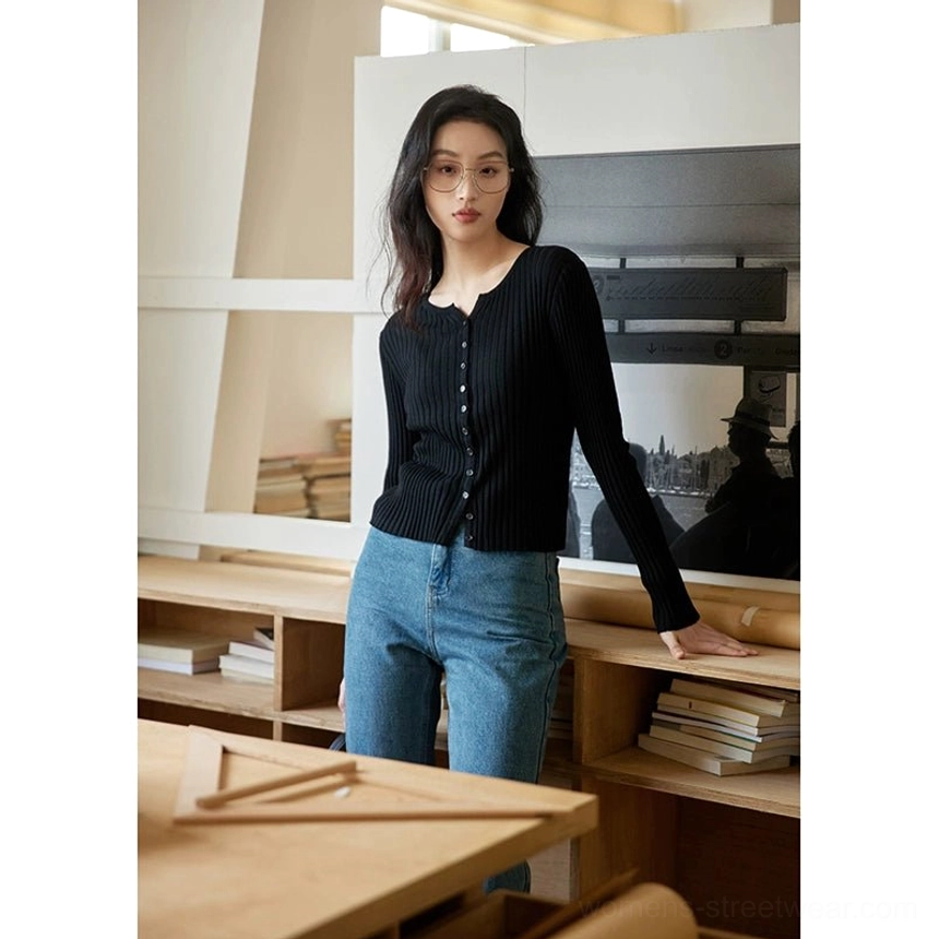 Black Korean ribbed knit button-up slim fit cardigan for women product fashion view