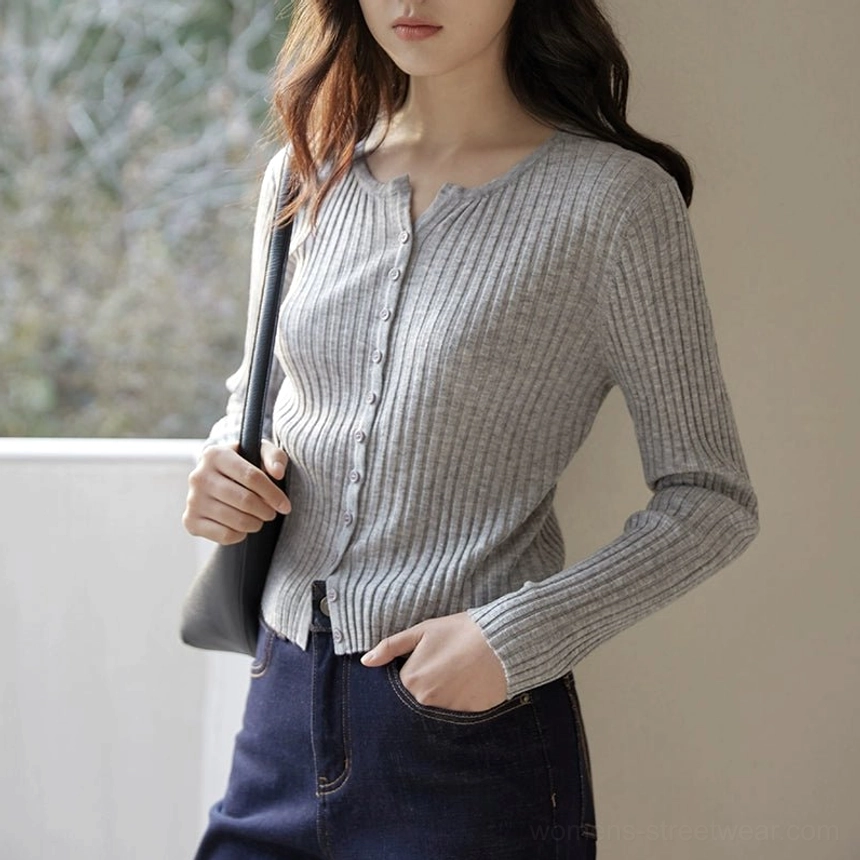 Heather gray ribbed knit button-up cardigan close-up showing soft vertical rib texture and slim silhouette
