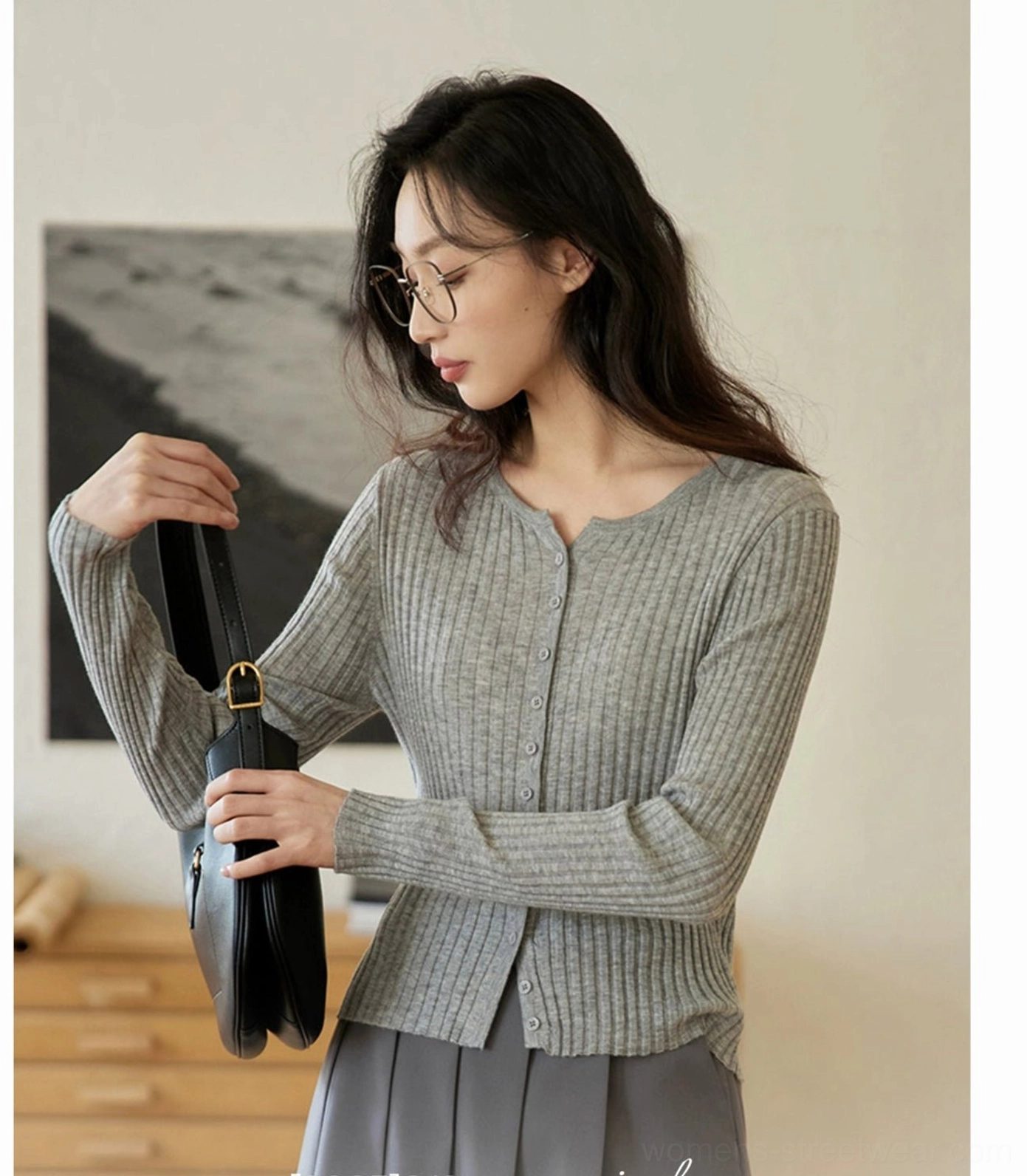 Heather gray Korean ribbed knit button-up slim fit cardigan shown in left side profile on female model