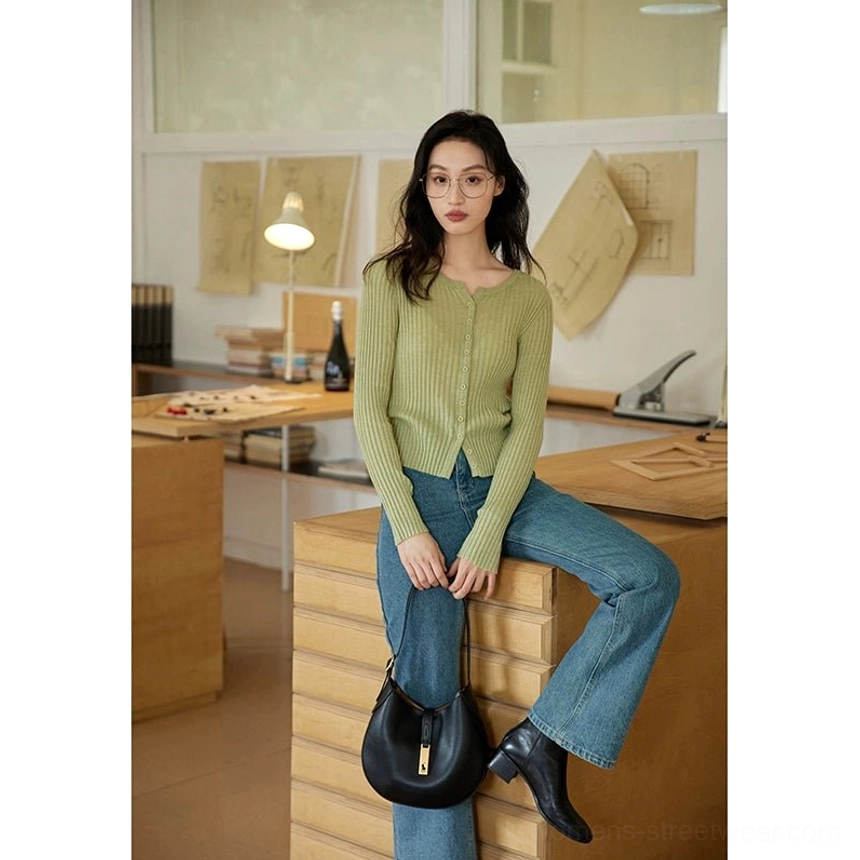 Green Korean ribbed knit button-up slim fit cardigan for women product fashion view