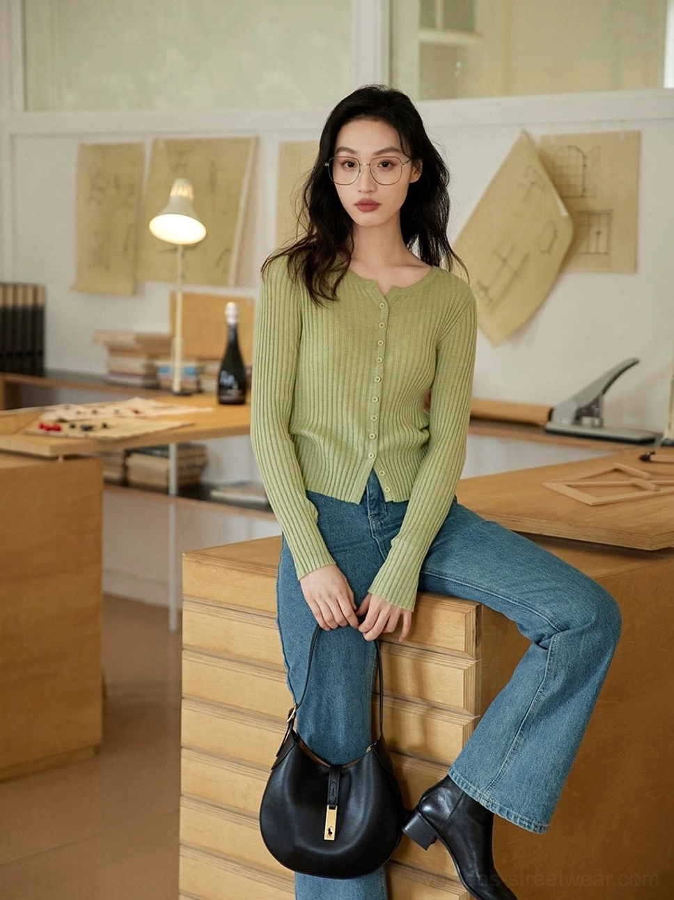 Matcha green ribbed knit slim fit button-up cardigan styled with blue flared jeans