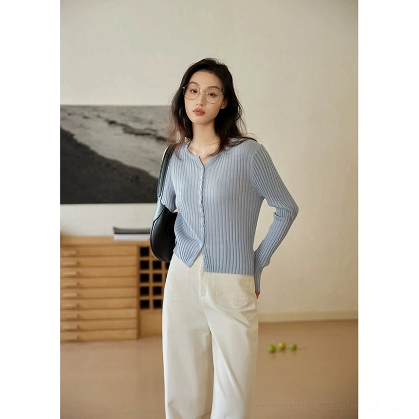 Light blue Korean ribbed knit button-up slim fit cardigan for women product fashion view