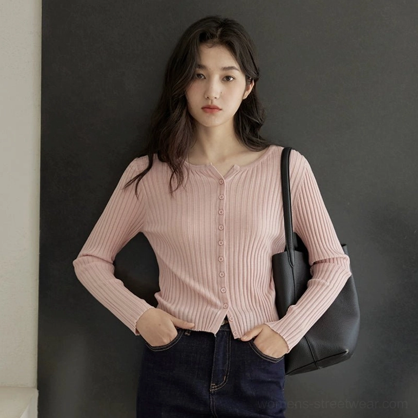 Dusty pink Korean ribbed knit button-up slim fit cardigan front view with dark denim jeans
