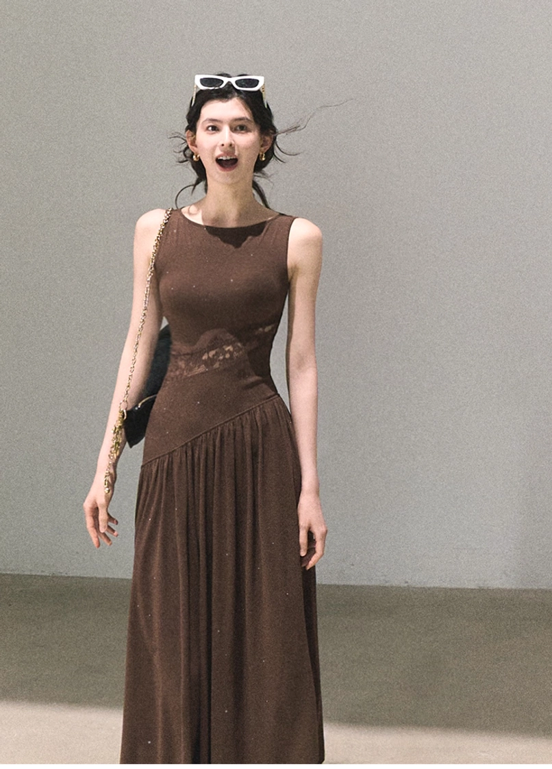 Korean street style lace dress with diagonal sheer waist insert cotton stretch fabric and flared skirt