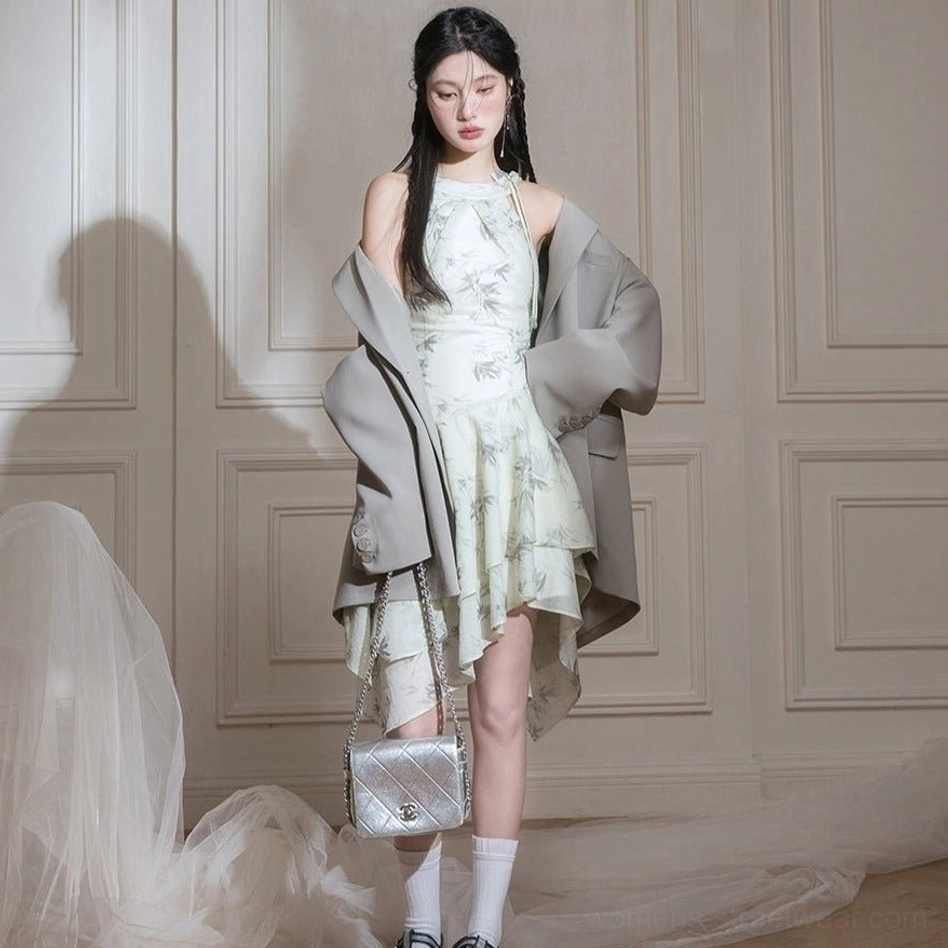 Korean streetwear inspired halter midi dress styled with grey blazer white crew socks and silver quilted crossbody bag