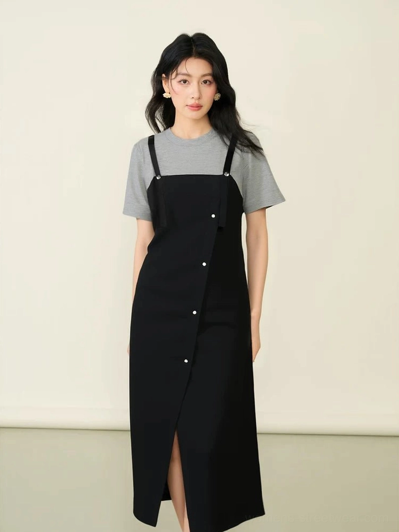 Korean streetwear layered pinafore midi dress shown from the front with grey tee underlayer, adjustable shoulder straps, black skirt, and side split