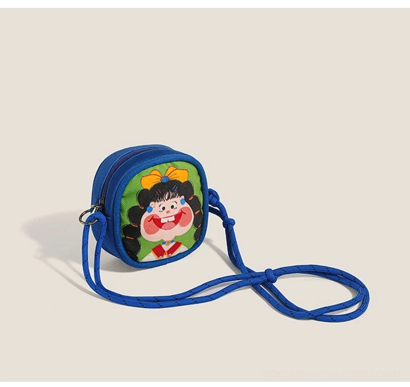 Royal blue Korean streetwear mini crossbody bag with yellow bow cartoon girl print and rope shoulder strap