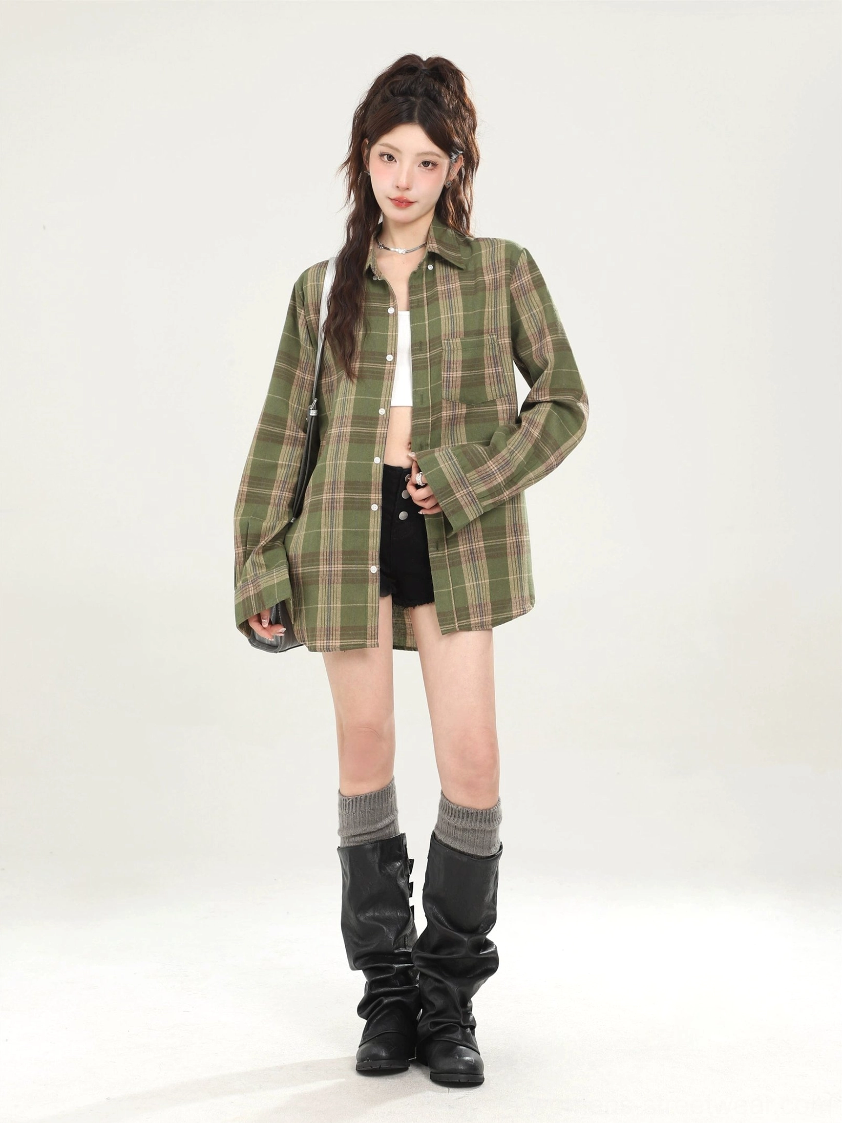 Korean streetwear oversized plaid shirt with classic collar product view 16