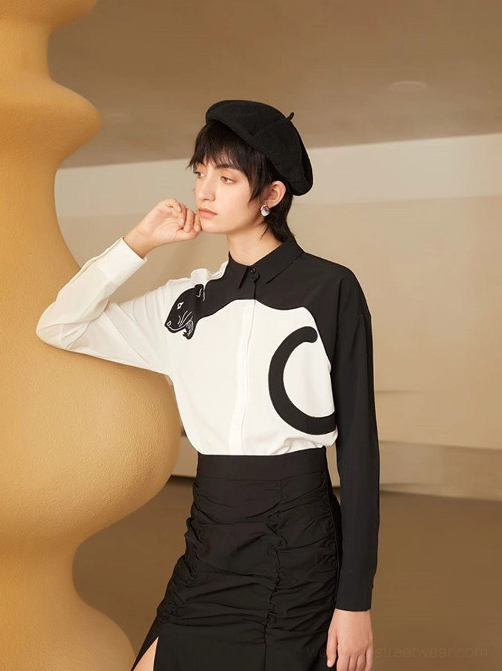 Korean streetwear panther embroidered shirt blouse product image with monochrome graphic styling