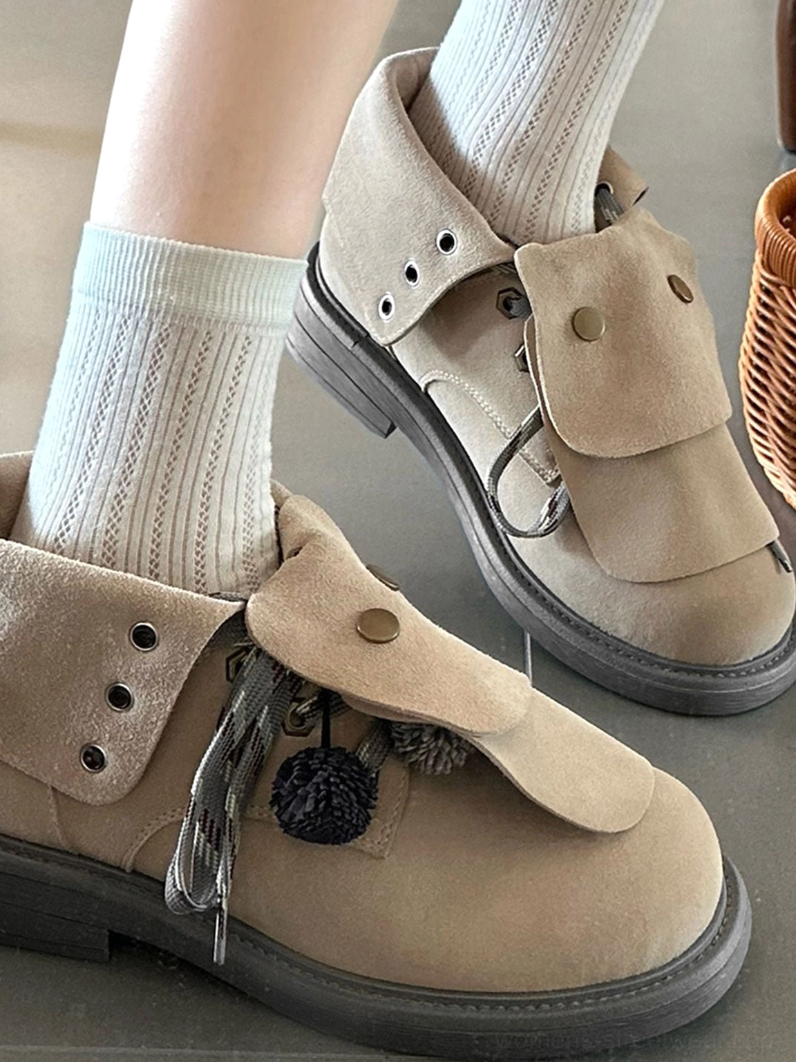Korean streetwear-inspired suede-look ankle boots with braided tassel laces, rounded toe, low chunky sole, and relaxed ankle profile