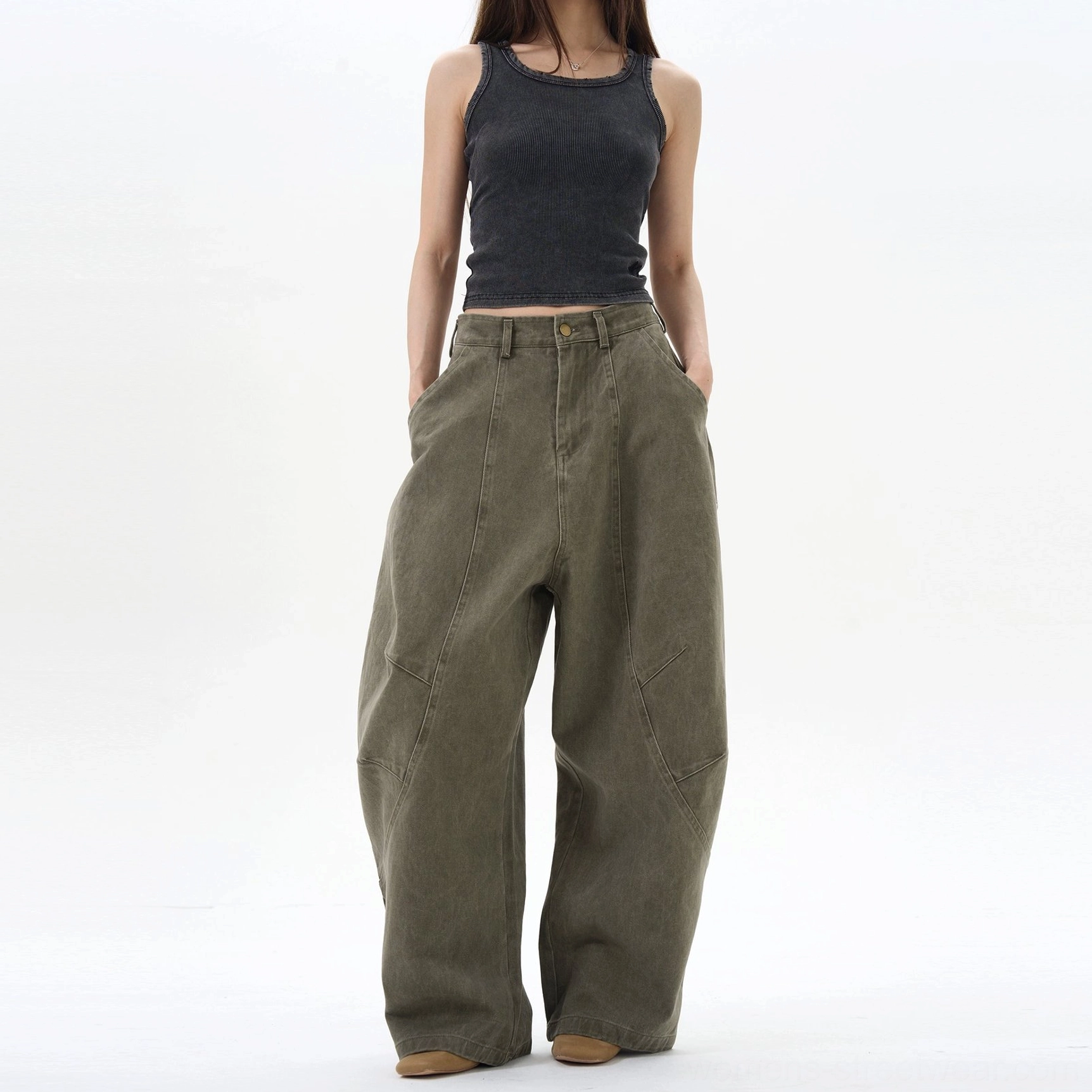 Korean streetwear wide-leg cargo pants designed with relaxed proportions and modern utility fashion details