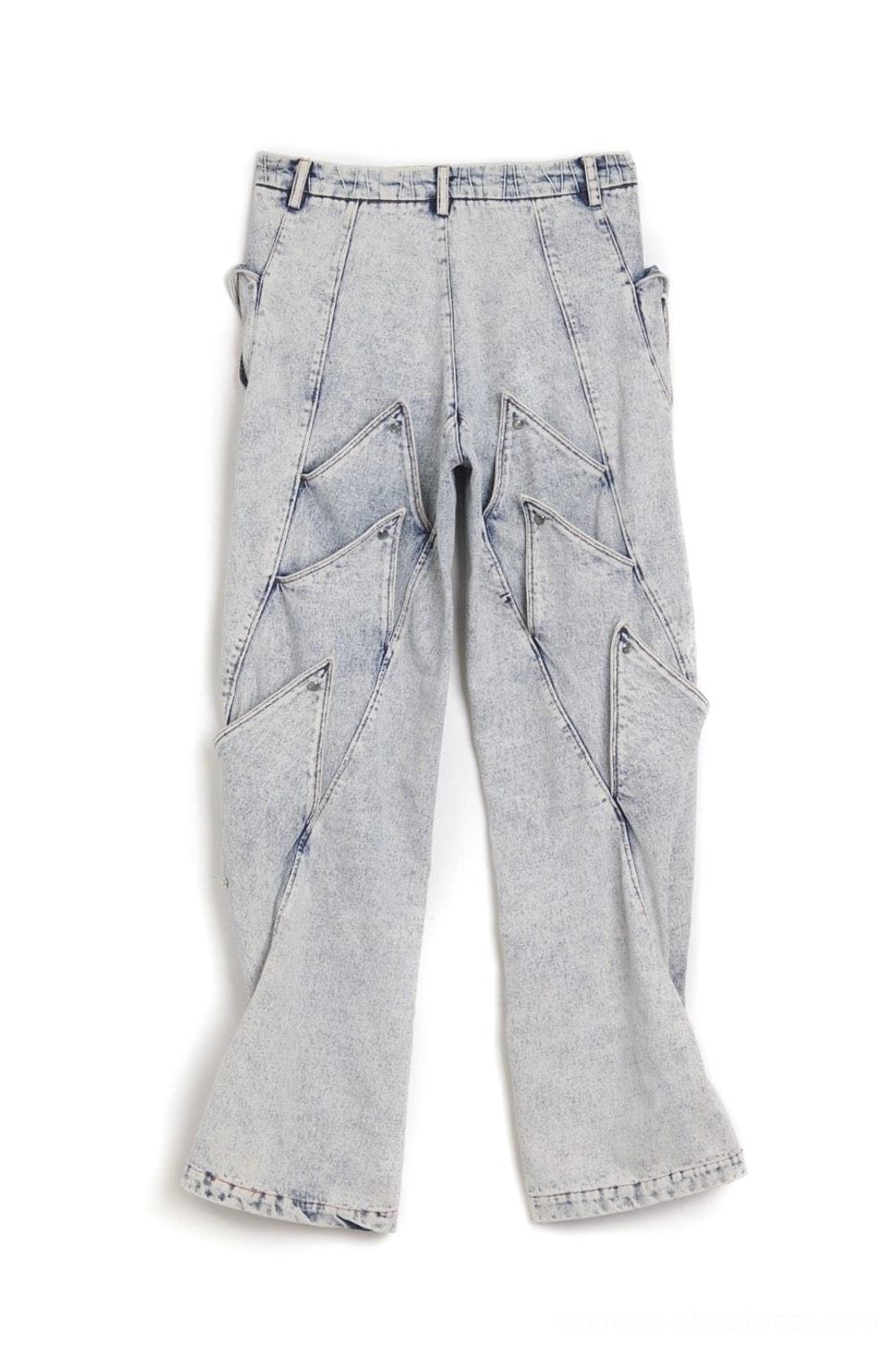 Korean style acid wash baggy jeans with shark fin panels and distinctive architectural denim silhouette