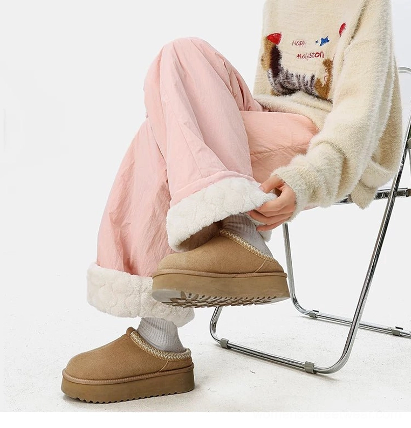 Korean-style convertible fleece-lined pants with wide legs, adjustable drawstring waist, and cozy winter texture