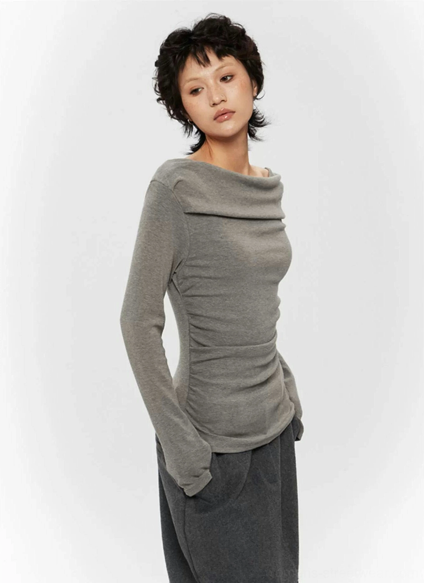 Korean style fitted ruched shoulder-baring top with long sleeves and sleek contemporary streetwear silhouette