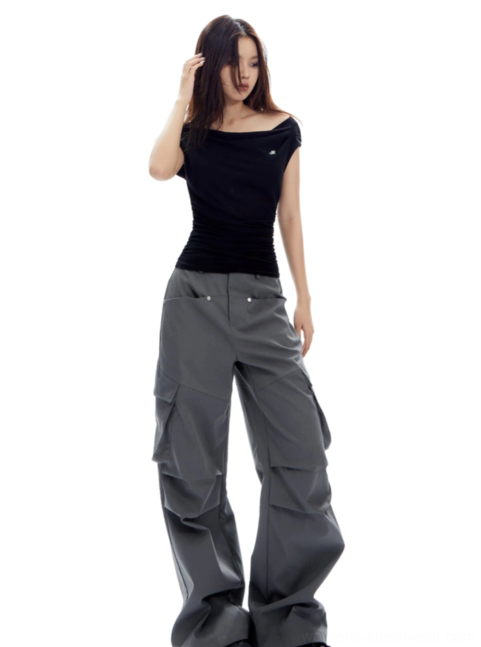 Korean style off-shoulder fitted top with gathered torso detail for Y2K-inspired women's streetwear outfits