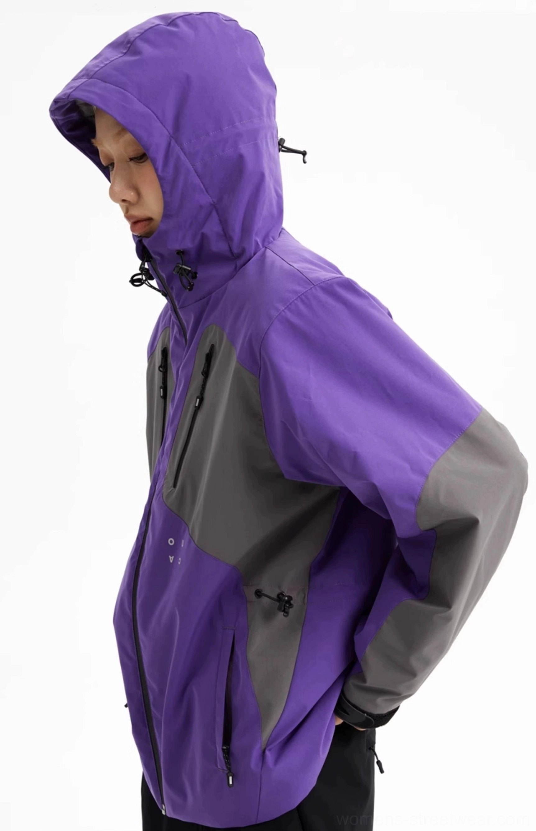Korean style outdoor padded jacket with colorful panels and functional hooded streetwear design