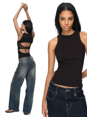 Black lace backless racerback tank top shown from the rear with floral cutout panel and slim fitted silhouette
