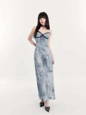 Lace trim denim-print bustier maxi dress with black lace sweetheart neckline and spaghetti straps side front view