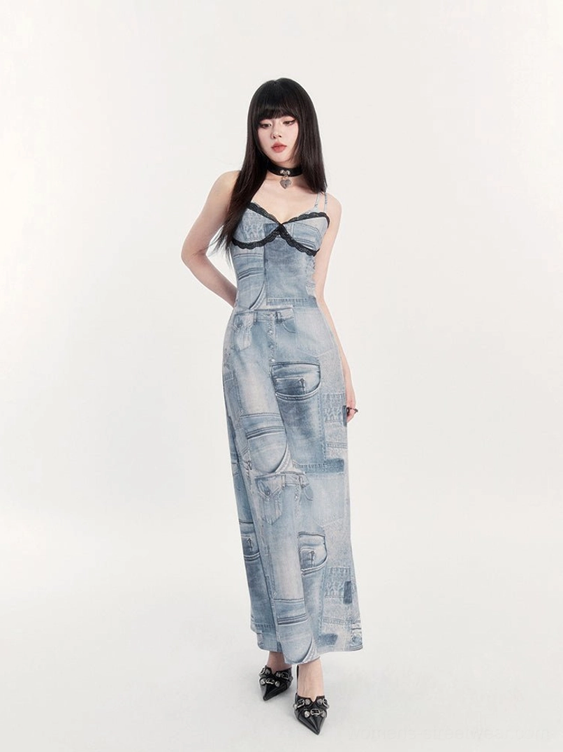 Lace trim denim-print bustier maxi dress with black lace sweetheart neckline and spaghetti straps side front view