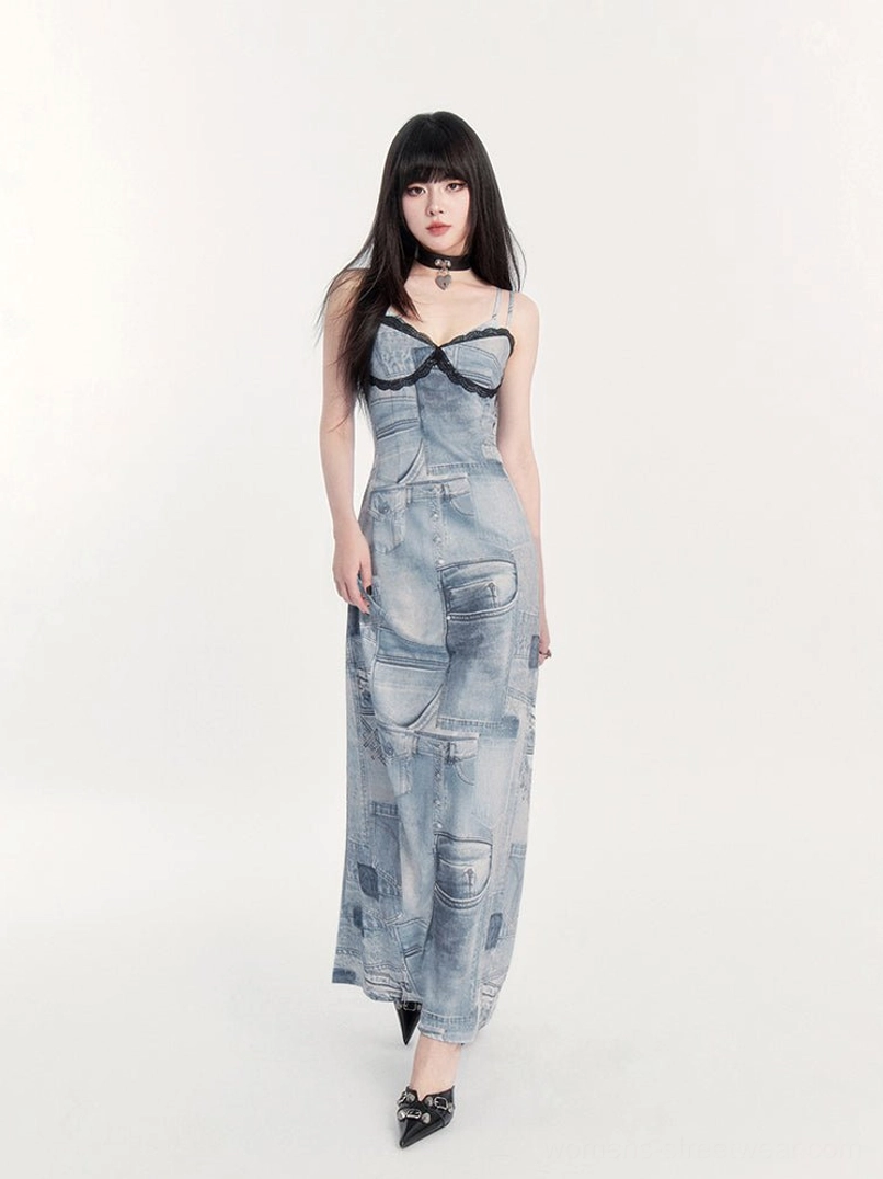 Side front view of floor-length lace trim denim-print bustier maxi dress with slim silhouette and pointed heels