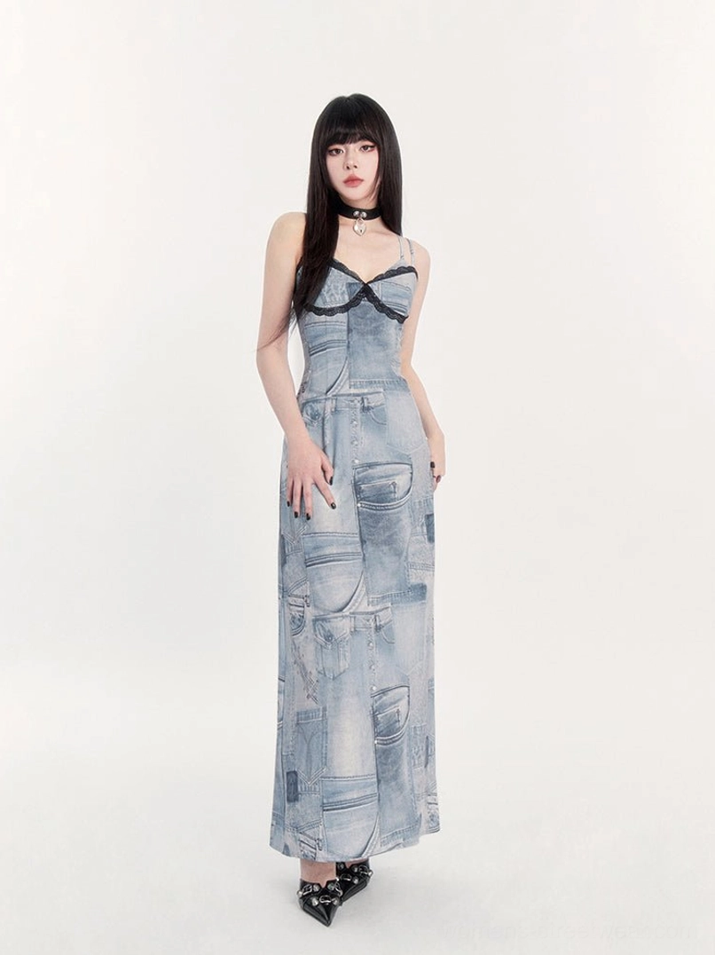 Full-length side view of blue patchwork denim-print lace trim bustier maxi dress with spaghetti straps