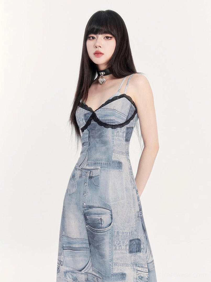Close-up front view of lace trim denim-print bustier maxi dress featuring sweetheart neckline and black lace edging