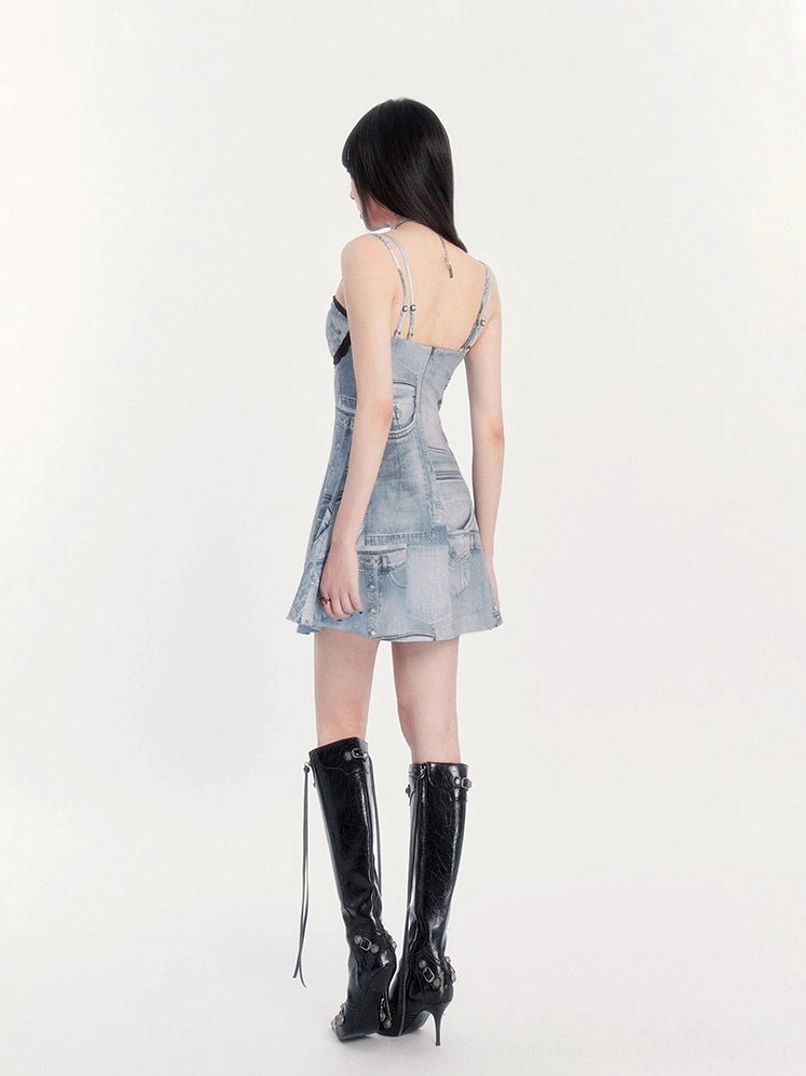 Open back view of lace trim denim-print bustier mini dress with spaghetti straps and A-line skirt