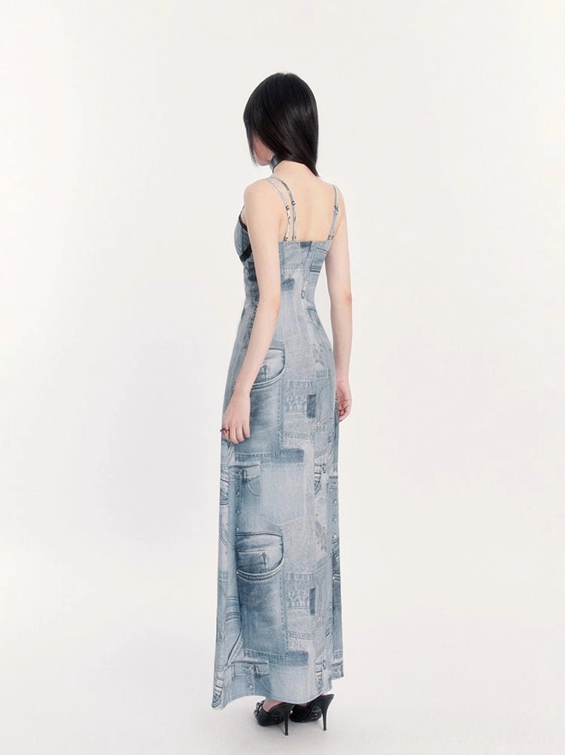 Lace trim denim-print bustier mini and maxi dress streetwear fashion detail view