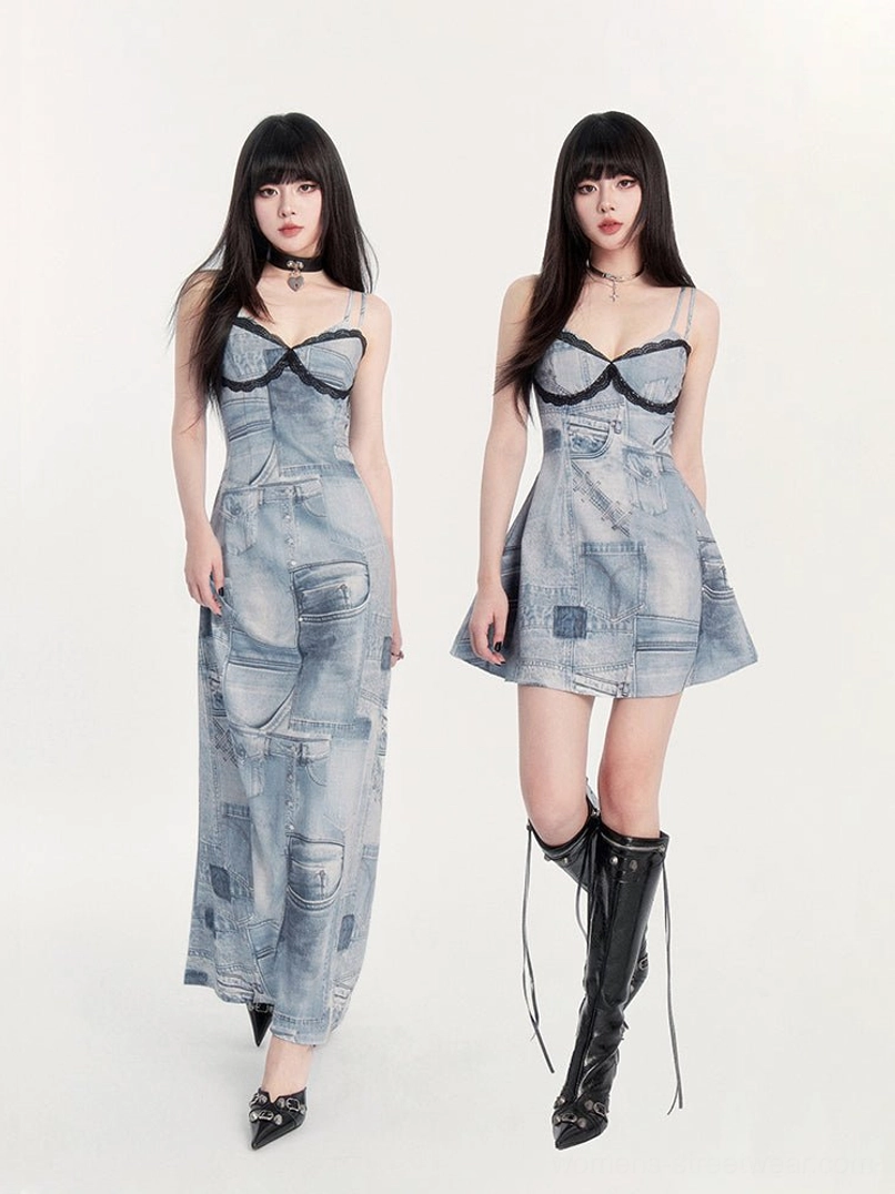 Lace trim denim-print bustier mini and maxi dress Y2K streetwear fashion product view