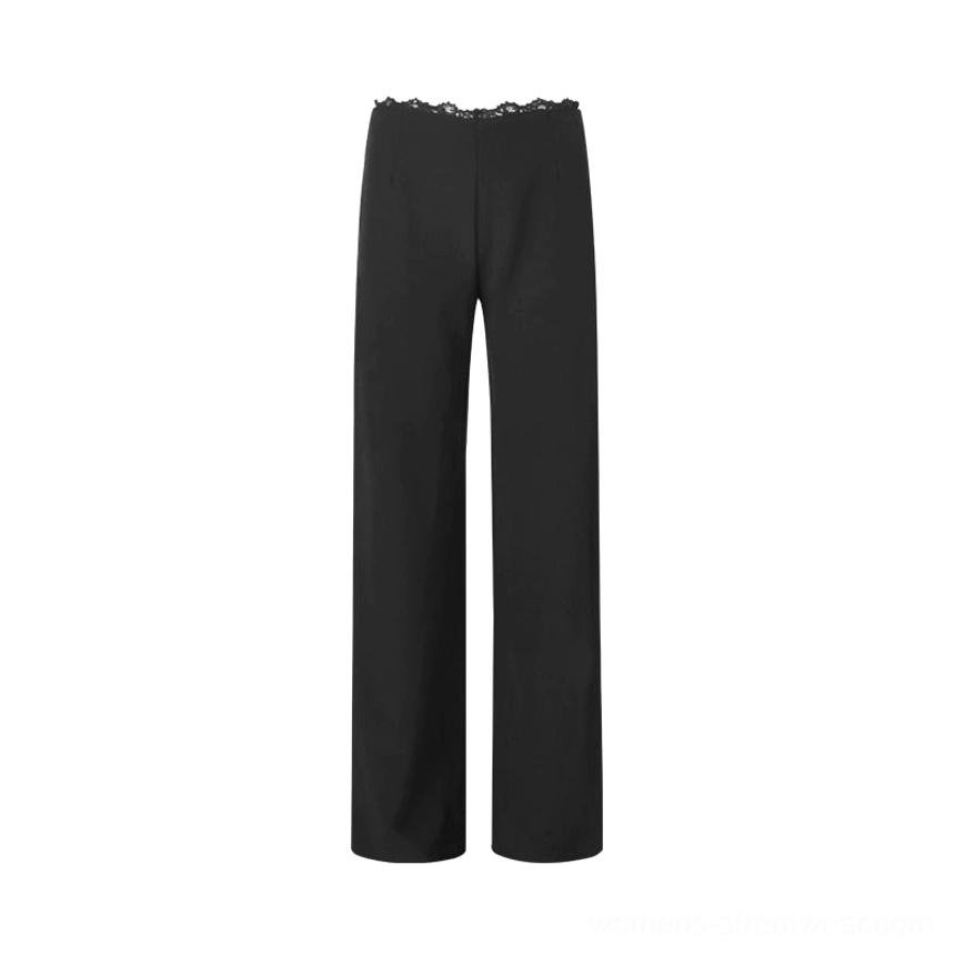 Black lace waist high-rise wide-leg streetwear trousers product color view