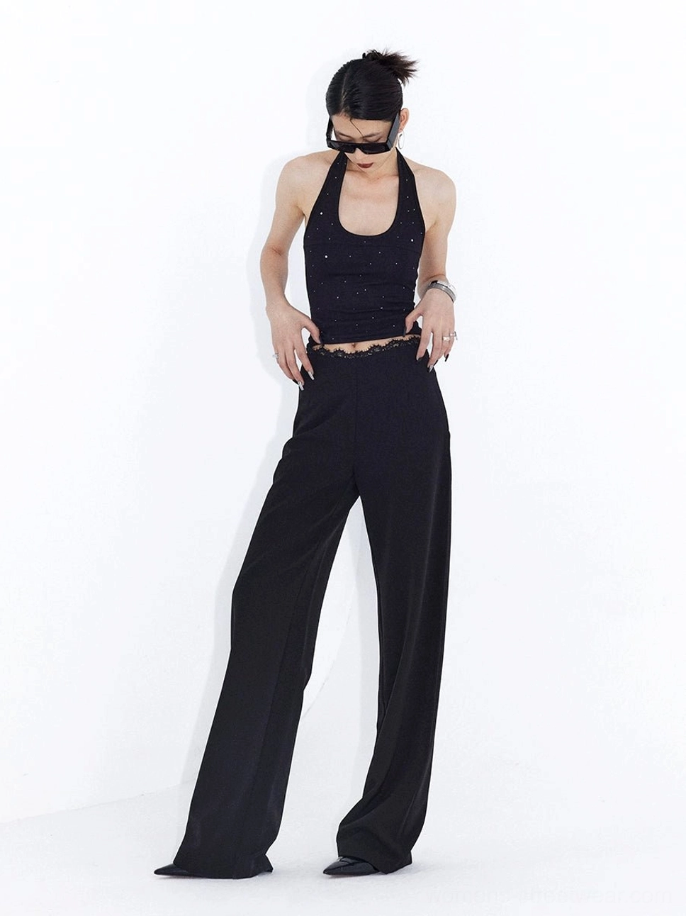 Black lace waist high-rise wide-leg streetwear trousers full-length front outfit view