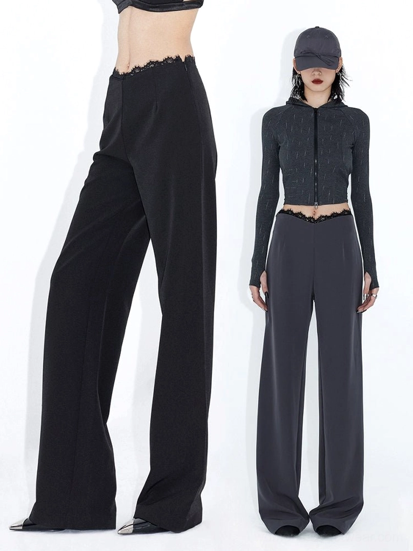 Black and gray high-rise wide-leg streetwear trousers side-by-side comparison view
