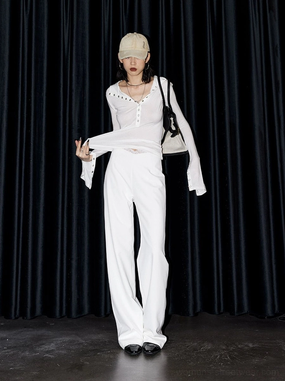 High-rise wide-leg streetwear trousers with delicate lace trim fashion styling view