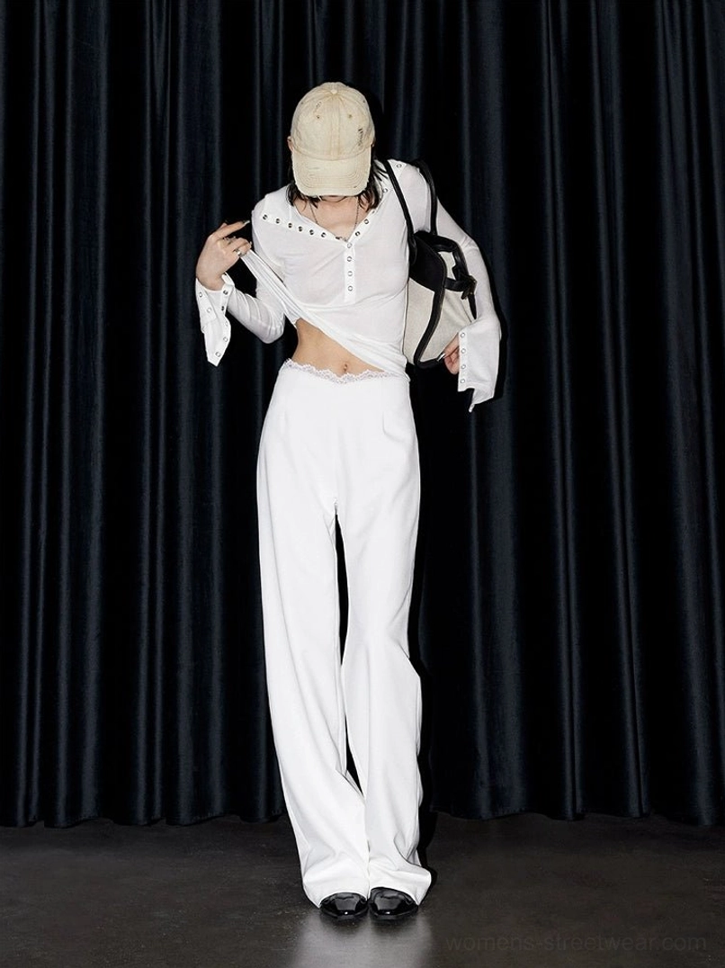 White high-rise wide-leg streetwear trousers back full-body view with relaxed tailored fit