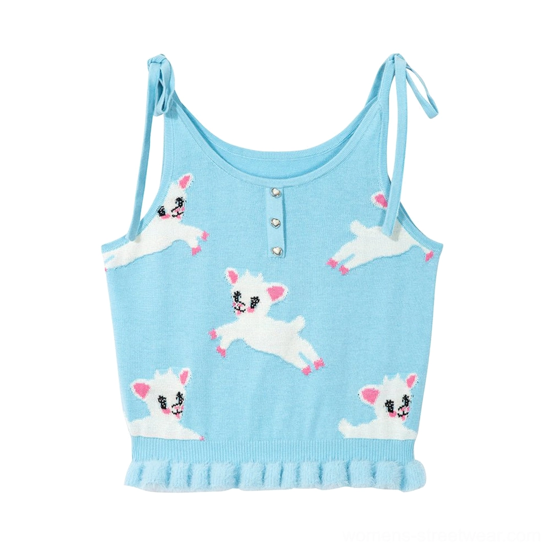 Flat lay of lamb print knit camisole with Henley button front fuzzy ruffle hem and adjustable tie shoulder straps