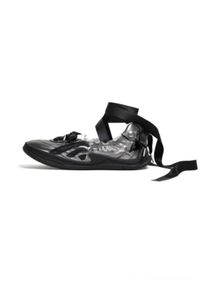 Silver lambskin ribbon lace cutout ballet sandal with black ankle wrap shown in left side studio view