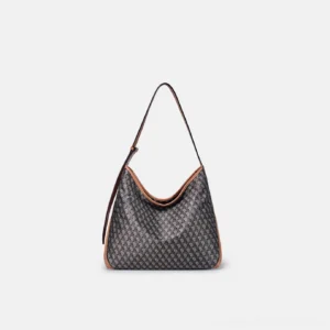 Dark brown large monogram woven hobo shoulder bag with tan contrast trim shown in front studio view