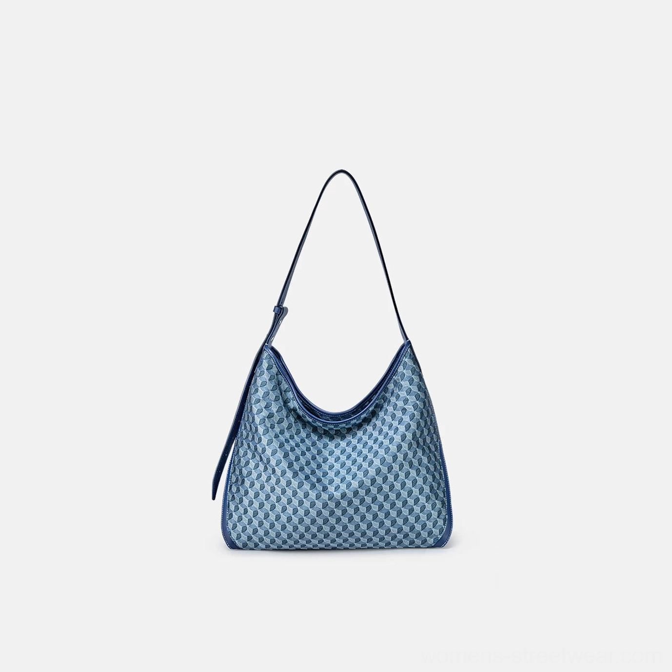 Dusty blue large geometric monogram hobo shoulder bag with matching blue strap in front studio view