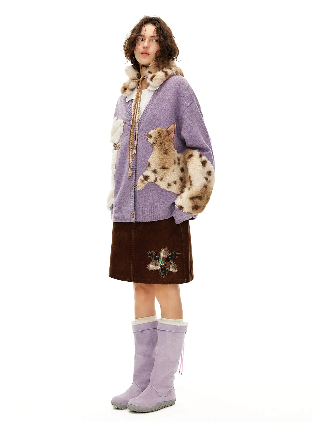 Lavender fuzzy cat cardigan full front outfit with spotted cat applique, ribbed trims, furry neckline detail, brown skirt, and purple boots