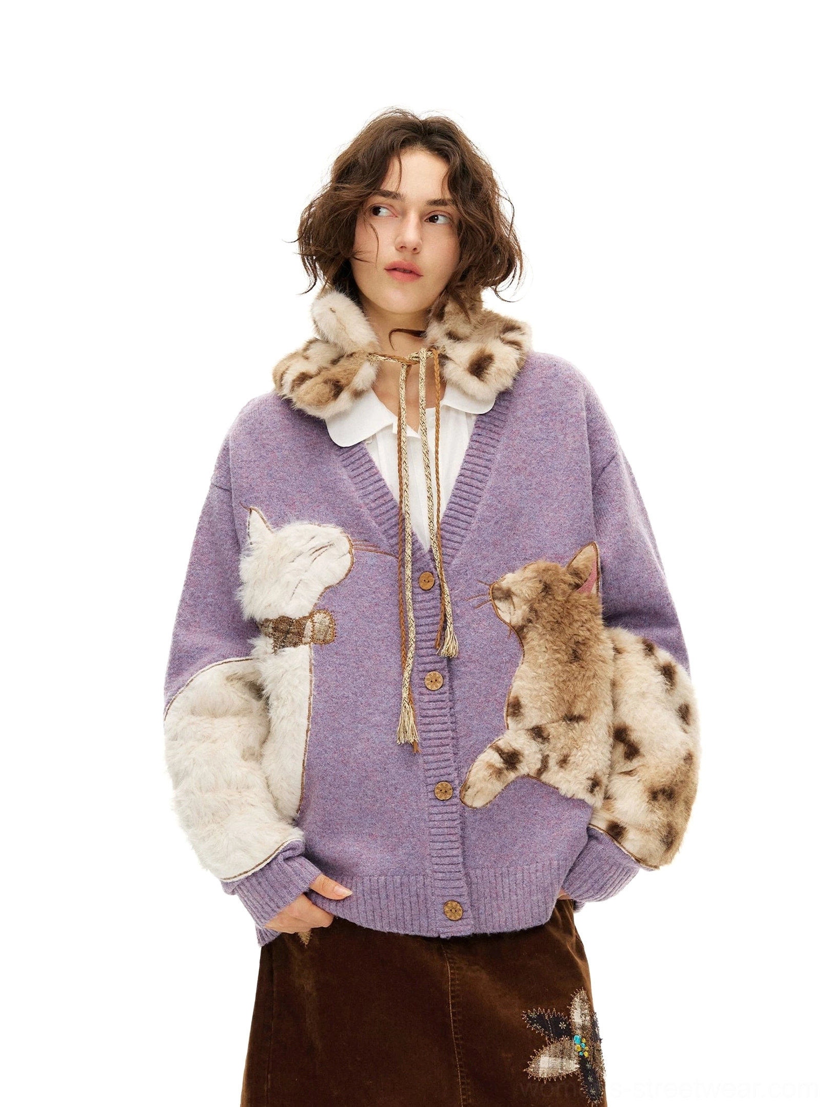Lavender fuzzy cat cardigan front three-quarter view with plush cat appliques, leopard print faux-fur collar, button closure, and brown corduroy midi skirt styling