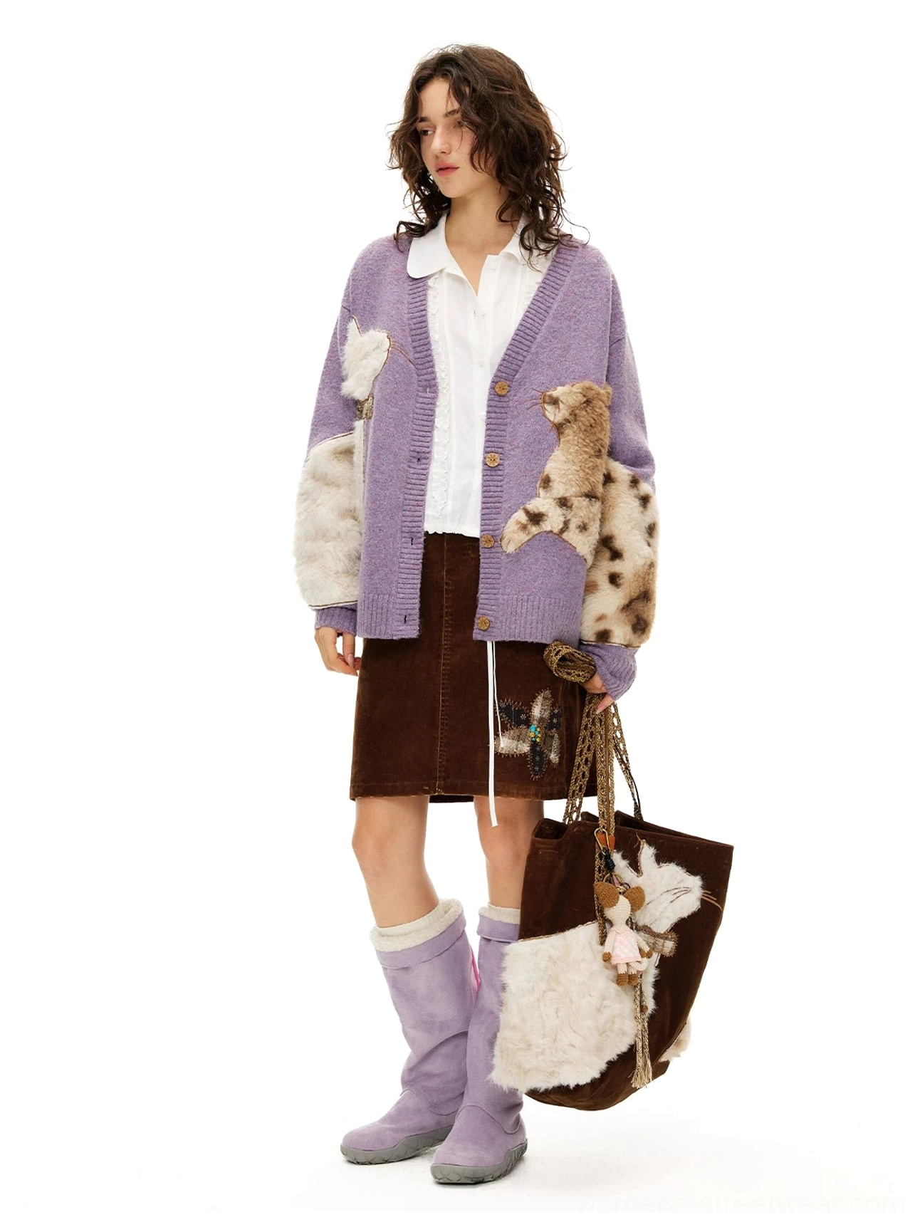 Lavender fuzzy cat cardigan product image featuring plush cat appliques, soft heathered knit texture, button front, and relaxed streetwear silhouette