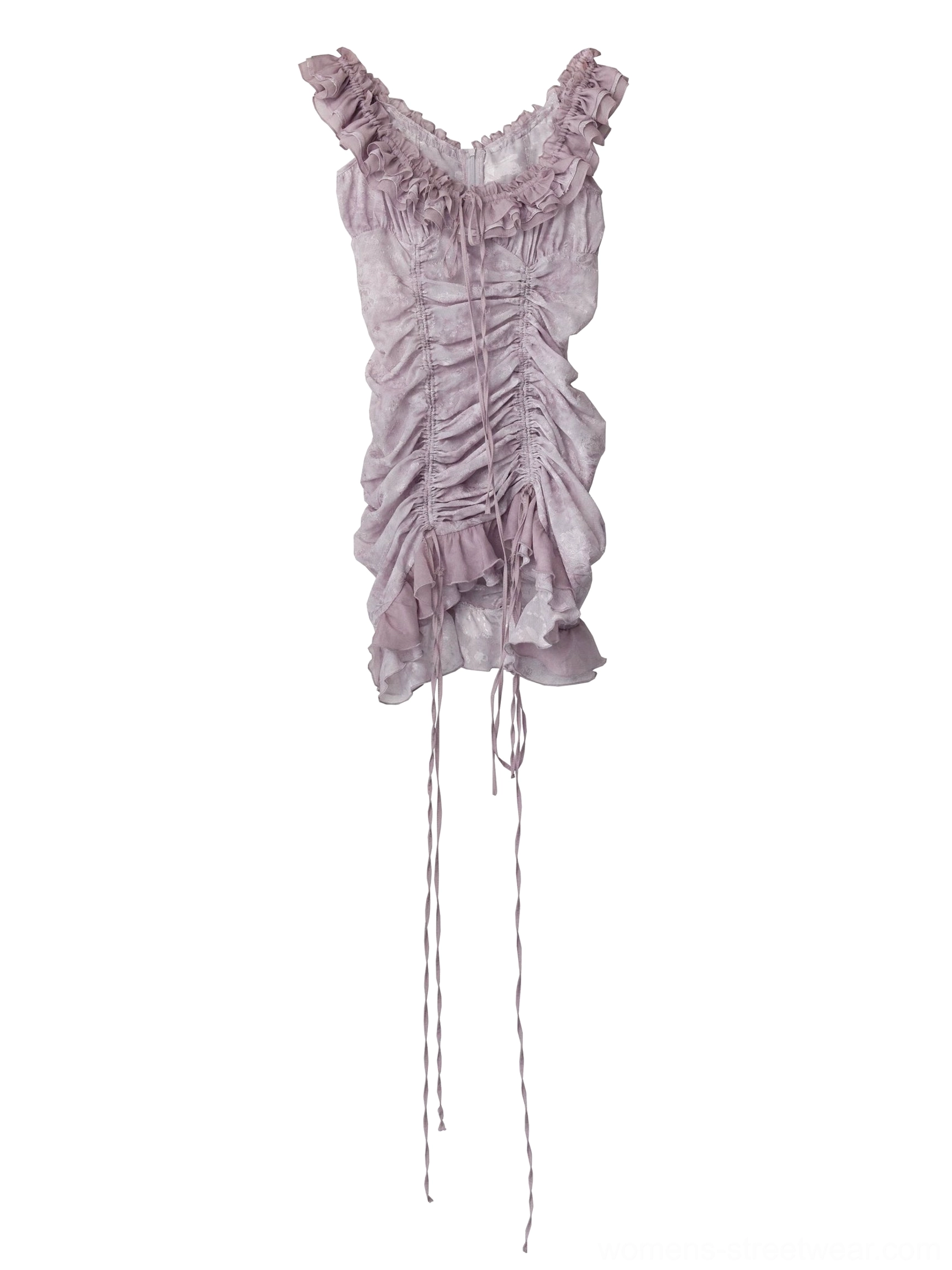 Flat lay lavender gray purple off-shoulder ruffled mini dress with front ruching tassels and tie-dye finish