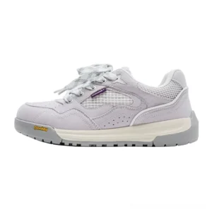 Lavender gray retro street sneakers with suede-effect overlays, breathable mesh vamp, purple tongue accent, and chunky rubber sole shown on a white studio background