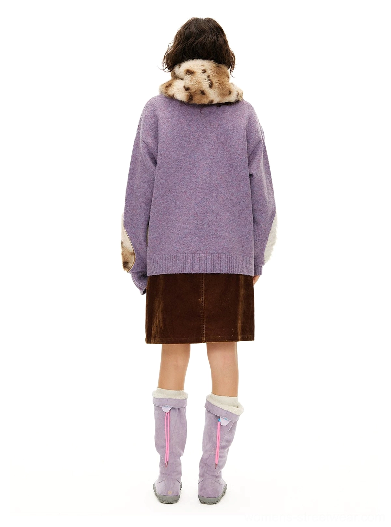 Lavender plush cat cardigan showing soft knit construction, button-front closure, relaxed fit, and playful Y2K streetwear aesthetic